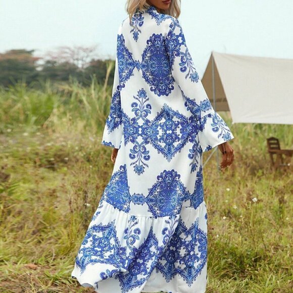 Boho Women's Notched Neck Flounce Hem Maxi Dress With Sleeve blue white - Picture 3 of 6